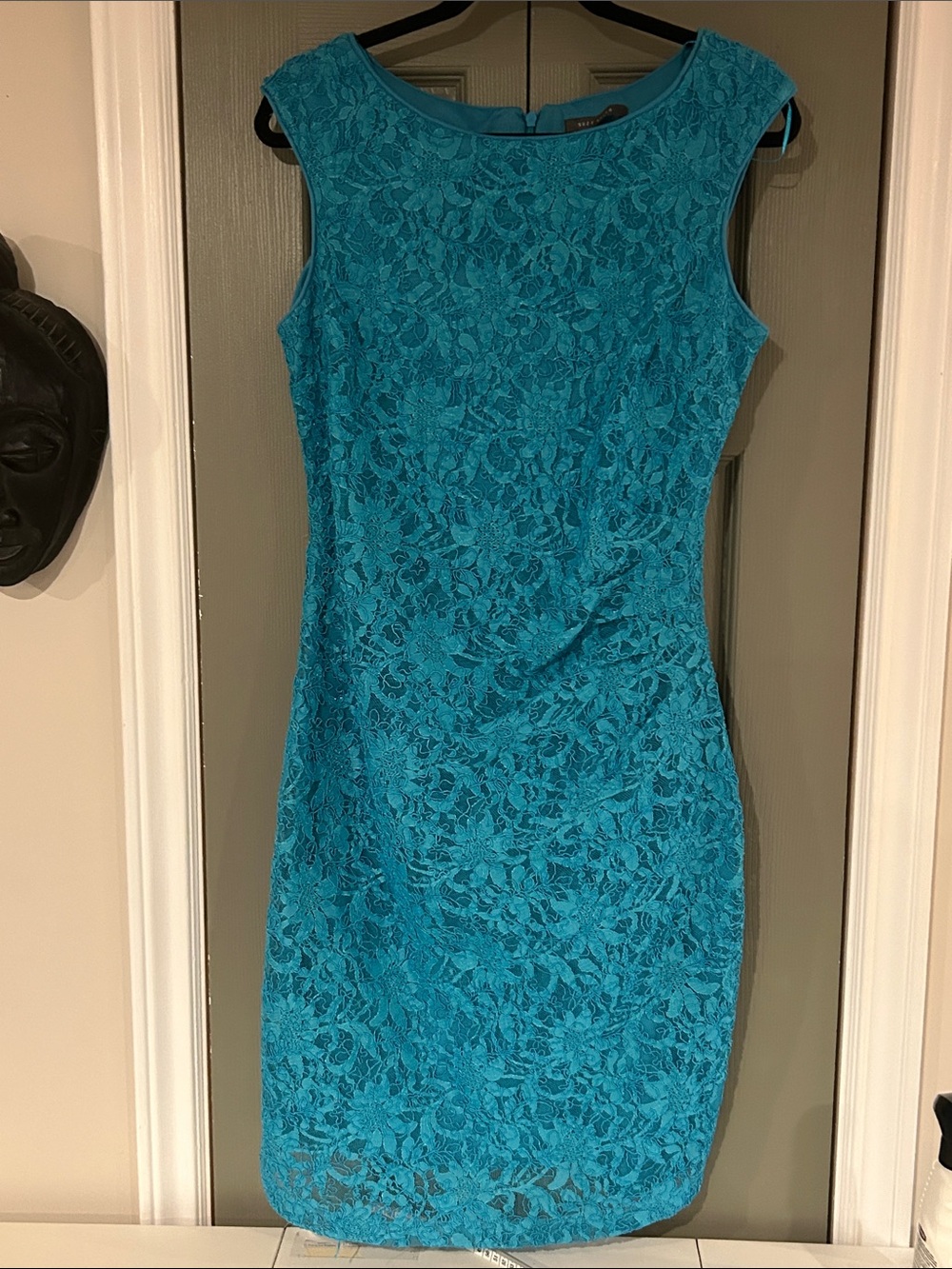 Suzy Shier Sleeveless Lace Sheath Dress - Teal Blue